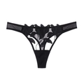 Detailansicht eines schwarzen Spitzen-Strings mit Blumenstickerei und Netzstruktur - Schwarz (093P)