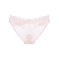 Close-up of pink lace panties featuring a delicate bow and V-shaped cross details - Pink