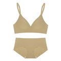 Seamless V-neck beige bra and panty set with thin straps and wire-free support - S / Top And Bottom / Deep Skin