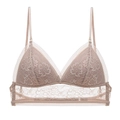 Detailed view of apricot French lace triangle bralette with adjustable straps and wide lace band - Wheat Lace Style B
