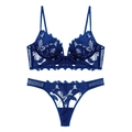Detail van een koningsblauwe lingerieset van Frans kant met bloemenborduurwerk en transparant mesh - S / Blauw