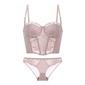 Elegant mauve French style corset lingerie set with lace embroidery and satin finish - Pink Purple
