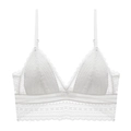 Close-up of white lace bralette featuring delicate floral embroidery and triangle cups - S / White