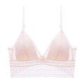 Detailed close-up of cream lace triangle bra featuring delicate floral mesh and a center bow - S / Pink
