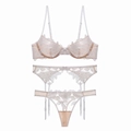 Ensemble lingerie 3 pièces en dentelle française avec broderie florale et armatures - S / Beige