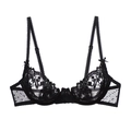 Reggiseno nero in pizzo floreale con rete a pois e dettagli a fiocco eleganti - S / Nero