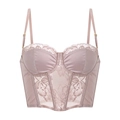 Dusty purple lace corset top with adjustable gold buckles and satin V-shape hem - Pink Purple
