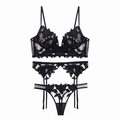 Completo intimo 3 pezzi nero con ricamo floreale, reggicalze e reggiseno in rete - S / Nero