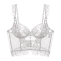 Detailed embroidery and polka dot mesh lace on white corset style bra with buttons - S / White