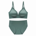 Detail view of seamless mesh V-neck bra and high waist panties in Morandi green - S / Green