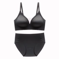Detail of seamless black mesh V-neck bra set with adjustable straps and smooth fabric - S / Black