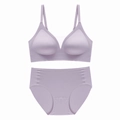 Detail view of seamless light purple bra set with V-neck mesh trim and smooth high-waist briefs - S / Light Purple