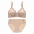 Seamless nude wireless bra and high waist panties set with breathable mesh V-neck design - Light Skin