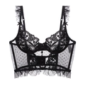 French corset bra with black floral lace, polka dot mesh and ruffled shoulder straps - S / Black