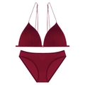 Dark red French style thin strap wireless triangle bra set with seamless design - M+(C Cup) / Burgundy
