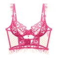 Detail of rose pink lace corset bra featuring floral embroidery and mesh dot fabric - S / Red