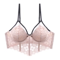 Bustier long en dentelle rose avec bretelles noires et bordure festonnée - S / Hauts / Rose