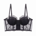 Elegant black lace corset bra with floral embroidery and mesh underbust support - S / Black