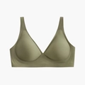 Seamless deep V-neck wireless bra in olive green with soft support and matte finish - S / Green