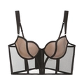 Dettaglio del corsetto in rete nera con struttura a lisca di pesce e pizzo velato - S / Reggiseno nero