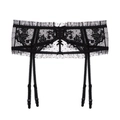 Detailed view of black floral lace garter belt with adjustable straps and bow - M / Garter (087F) / Black