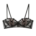Elegant black lace lingerie set with rose embroidery and semi-sheer mesh bra - 70B / Tops / Black