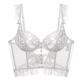 Close-up of white floral lace lingerie with dot mesh and ruffle strap details - S / Bustier (088B) / White
