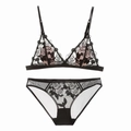 French style wireless lace bralette and panty set featuring elegant rose embroidery detail - S / Black