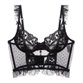 Close-up of black floral lace bustier top with sheer mesh and ruffle shoulder strap details - S / Bustier (088B) / Black