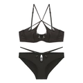 Set lingerie sexy francese in raso nero con pizzo e cinturini incrociati - Nero