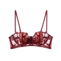 Lace bra with rose floral embroidery in deep wine red finish and mesh details - 70B / Tops / Red Brown