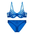 Detail of bright blue lingerie set with intricate hollow geometric embroidery on mesh - S / Royal Blue (Briefs Set)