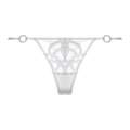 Detail of white lace thong featuring geometric embroidery and metal ring accents - White Thong Only (077T)