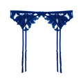 Detailansicht des dunkelblauen floralen Spitzen-Strumpfhalters mit verstellbaren Trägern - Blau (093F)