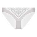 Detailed view of high-cut white silk briefs featuring intricate geometric lace embroidery - White Triangle Panties Only (077P)