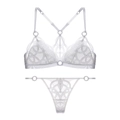 Detaillierte Flachbildaufnahme des weißen Spitzen-Bralette-Sets mit Stickerei - M / Weiß (Tanga-Set)