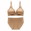Seamless nude mesh V-neck wireless bra and panty set with breathable thin cups - Deep Skin