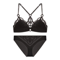 Detailansicht des schwarzen Spitzen-Dessous-Sets mit Stickerei und gekreuzten Trägern - S / Schwarz (Slip-Set)