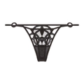 Detail of black lace thong with intricate floral embroidery and thin elastic straps - Black Thong Only (077T)