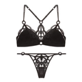 Flach liegendes Set aus schwarzem geometrischem Mesh-Bralette und Tanga mit Stickerei - M / Schwarz (Tanga-Set)