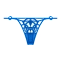 Detail view of royal blue lace thong featuring geometric hollow patterns and elastic side straps - Blue Thong Only (077T)
