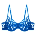 Detail of electric blue lace bra showing circular hollow mesh texture and thin straps - S / Blue Soft Underwire Bra Only (076B)