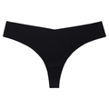 Vista de detalle de tanga negra sin costuras en V con tejido liso de alta elasticidad - S / Negro