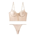 Ensemble de lingerie corset en satin bohème avec dentelle et agrafes sur le devant - S / Beige Champagne