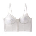 Detail van witte satijnen bustier met bloemenkant en haaksluiting vooraan - S / Wit