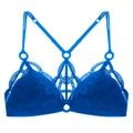 Macro detail of bright blue lace bra featuring intricate geometric patterns and thin straps - Blue Wireless Bra Only (075B)