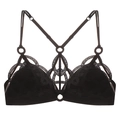 Detail of black lace bra with geometric embroidery and modern metal ring connectors - Black Wireless Bra Only (075B)