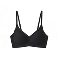 Detail of black seamless V-neck bralette with adjustable straps and wireless triangle cups - Black