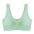 Seamless light green V-neck sports bra with wide straps and fixed padded cups - S / Light Green
