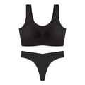 Flat lay detail of black seamless lingerie set including wire-free bra and thong - S / Black